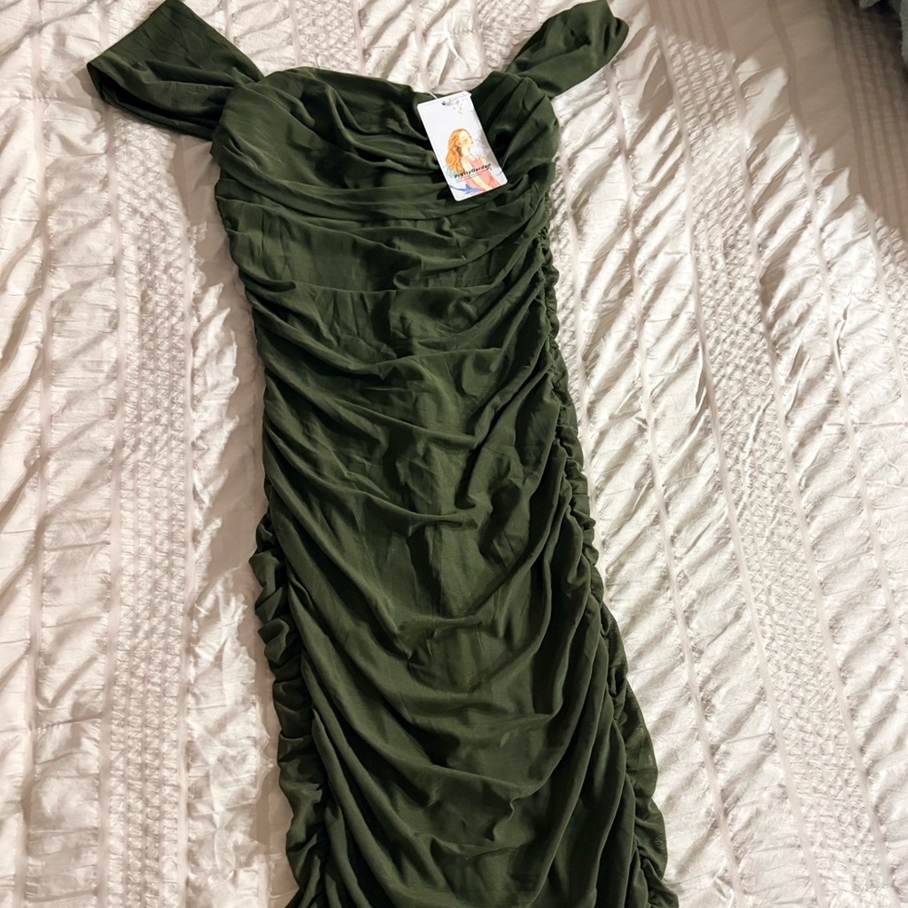 Elegant Olive Green Off-Shoulder Dress